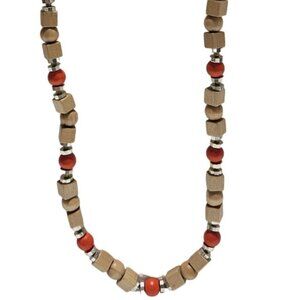 Boho Handmade Wood Bead Chunky Necklace Red Accent Natural Fashion Jewelry Women